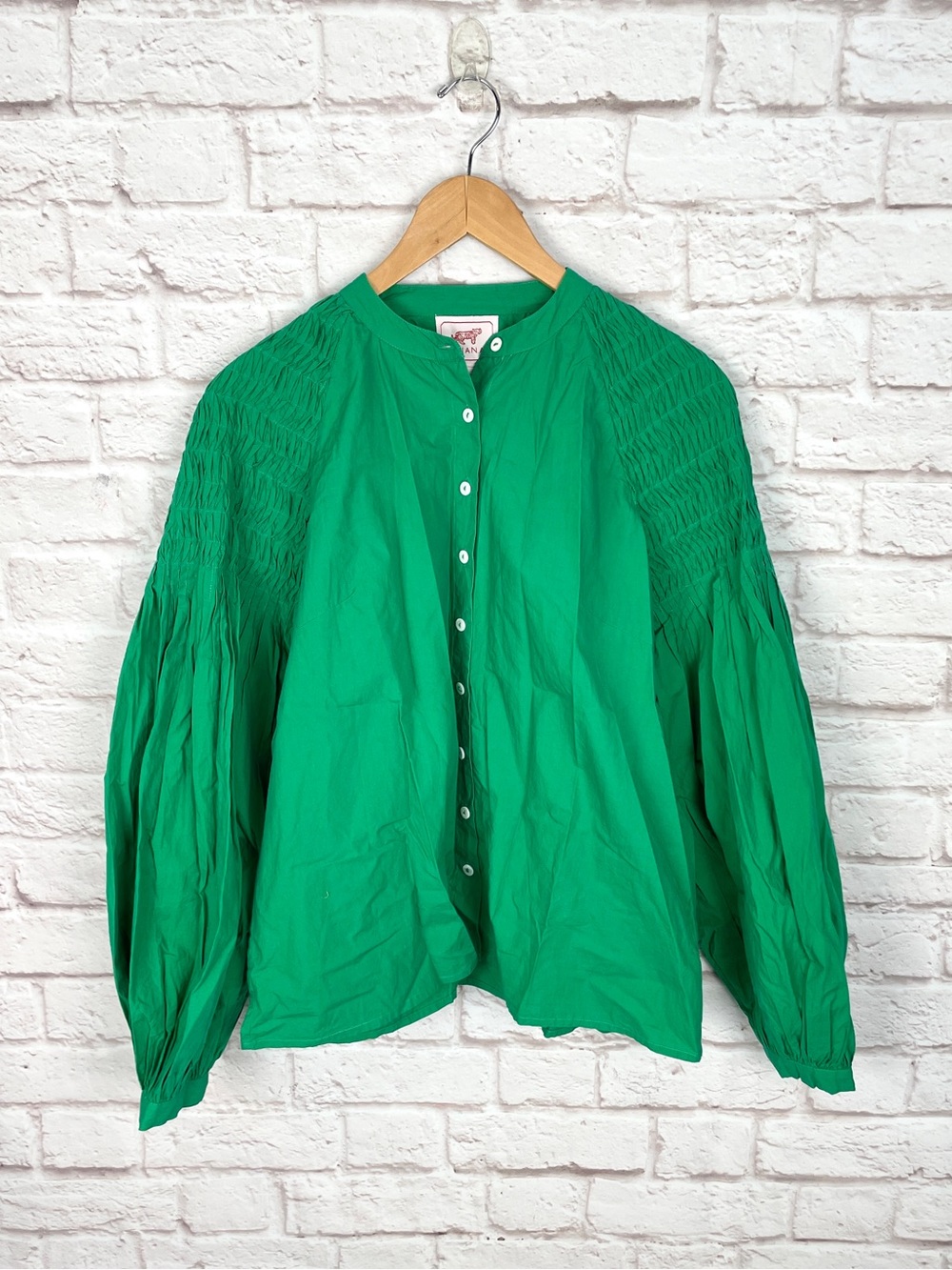 Anthropologie Banjanan Kelly Green Blouse with Balloon Sleeves Size L